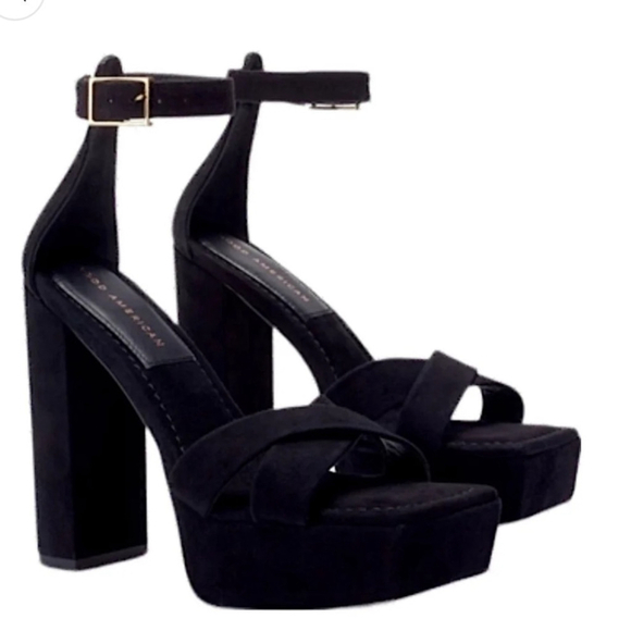 Good American Black Suede Ankle Strap Chunky Platform Sandal Heels Size 9 - Picture 1 of 16